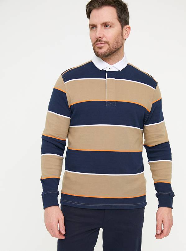 Navy & Stone Striped Rugby Polo Shirt M